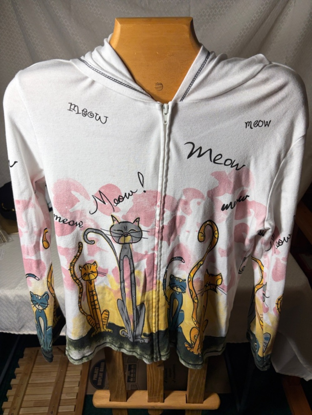 Women's White Cat Print Zip-Up Hoodie Sweatshirt